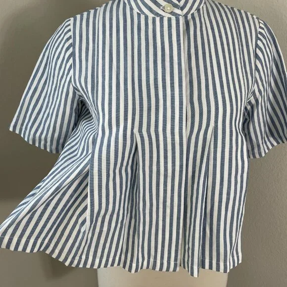 KOTN Shirt Womens Petite Small Blue Stripe Cropped Button Front Top Cotton Linen - Picture 2 of 8